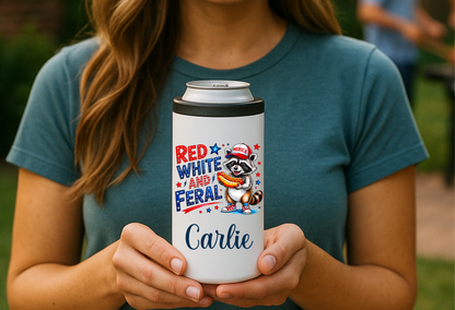 Patriotic Skinny Can Cooler – “Born Free but Now Expensive” – Custom Name Option