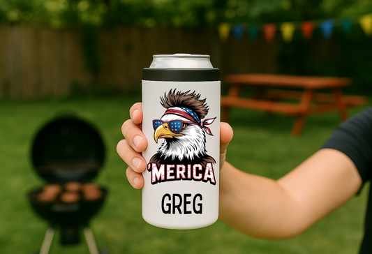 ’Merica Personalized 12oz Slim Can Coozie – Bald Eagle Sublimated Insulated Can Cooler