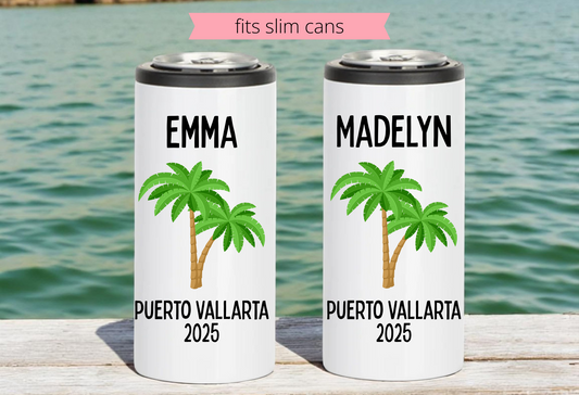 Personalized Palm Tree Trip 12oz Skinny Can Coozie – Custom Slim Can Cooler for Vacations & Bachelorettes