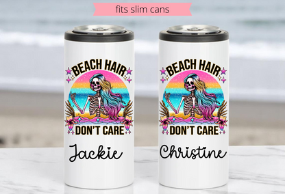 Beach Hair Don’t Care 12oz Skinny Can Coozie – Personalized Colorful Skeleton Slim Can Cooler