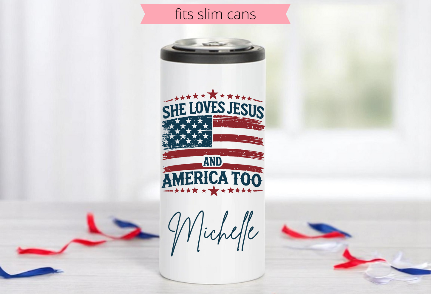 Fourth of July Slim Can Coozie, Slim Can Cooler, Seltzer Can Holder, Beverage Holder, America and Jesus