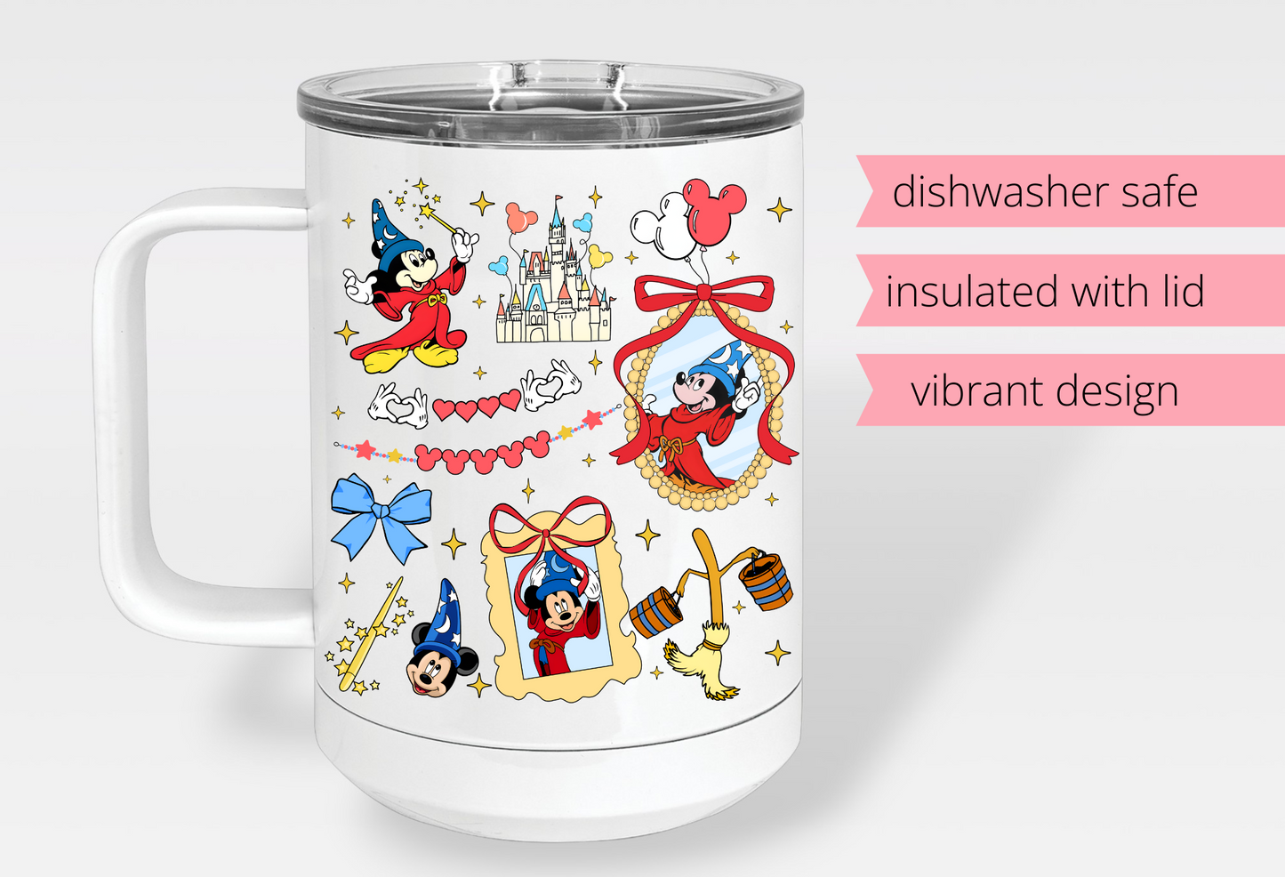 Sorcerer Mickey 20oz Mug – Colorful Disney Sublimated Stainless Steel Coffee Cup with Handle