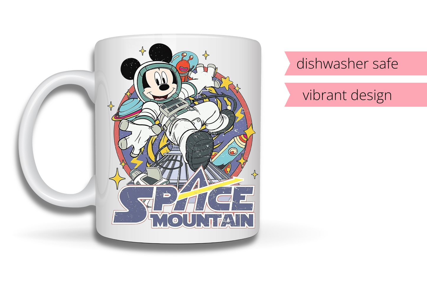 Mickey Space Mountain Disney Mug – 15 oz Ceramic Coffee Cup, Vibrant Sublimation, Disney Gifts