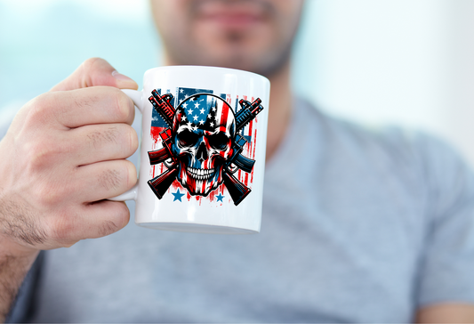 American Flag Skull Mug – 15 oz Ceramic Coffee Cup, Patriotic Guns Design, Sublimated Gift