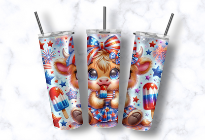 Patriotic Highland Cow 20oz Skinny Tumbler – Sublimated, Stainless Steel, Insulated, Includes Straw