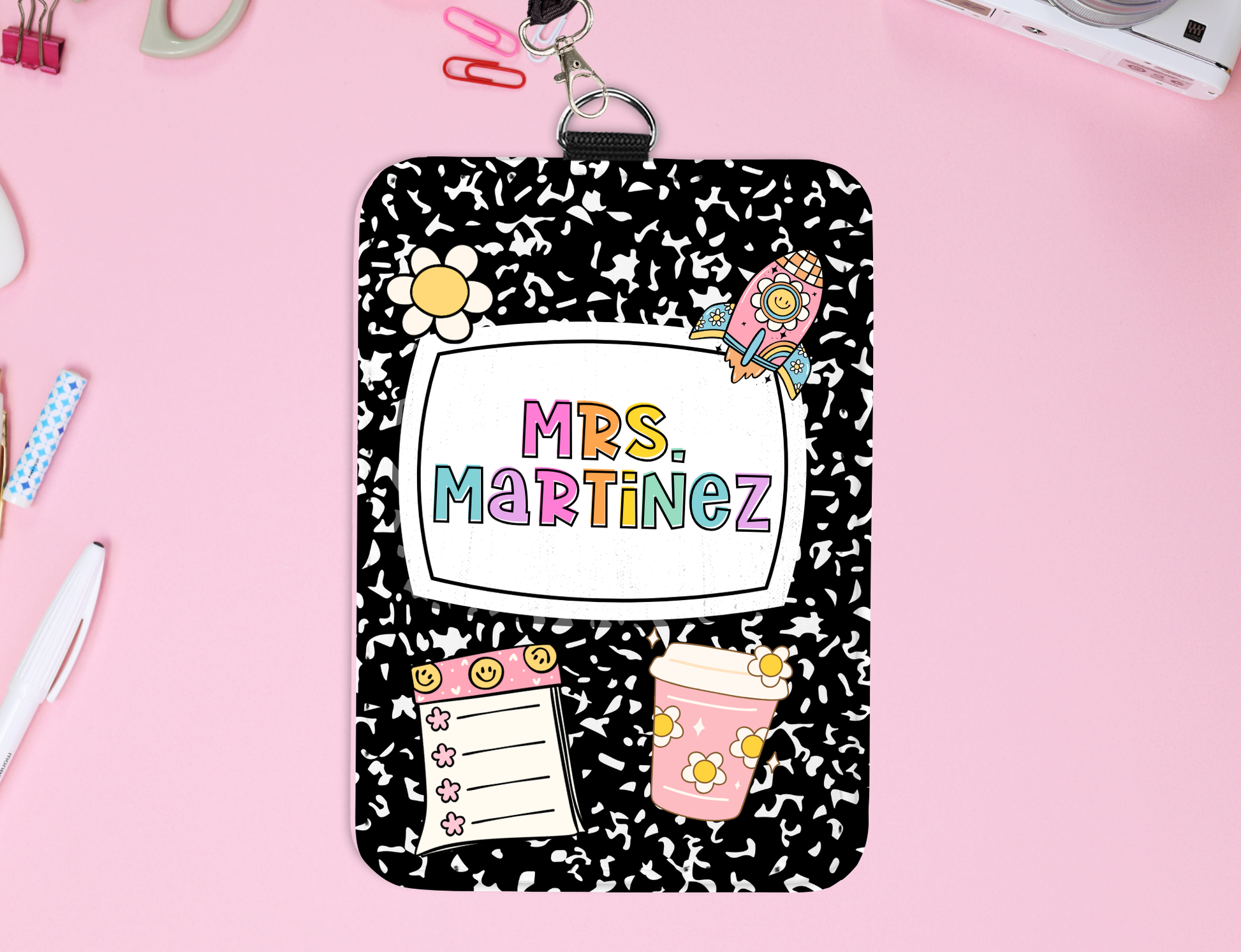 Teacher ID card holder with 'Mrs. Martinez' on a pink background