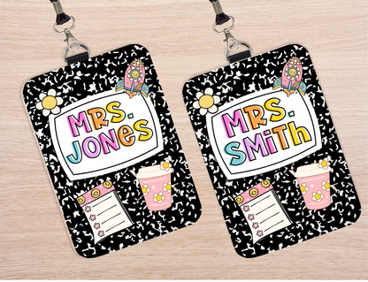 Personalized Teacher ID Badge Holder – Composition Notebook Design with Lanyard