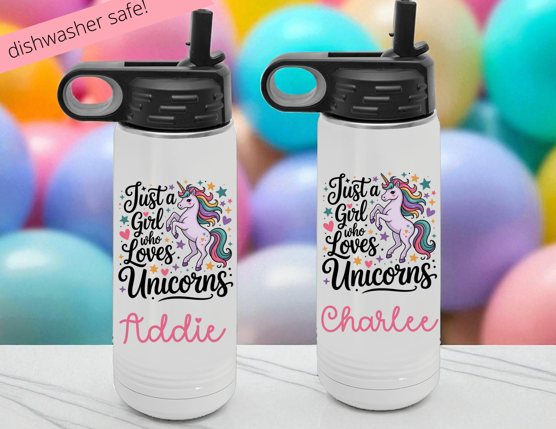 Two white water bottles with unicorn designs and personalized names against a colorful background.