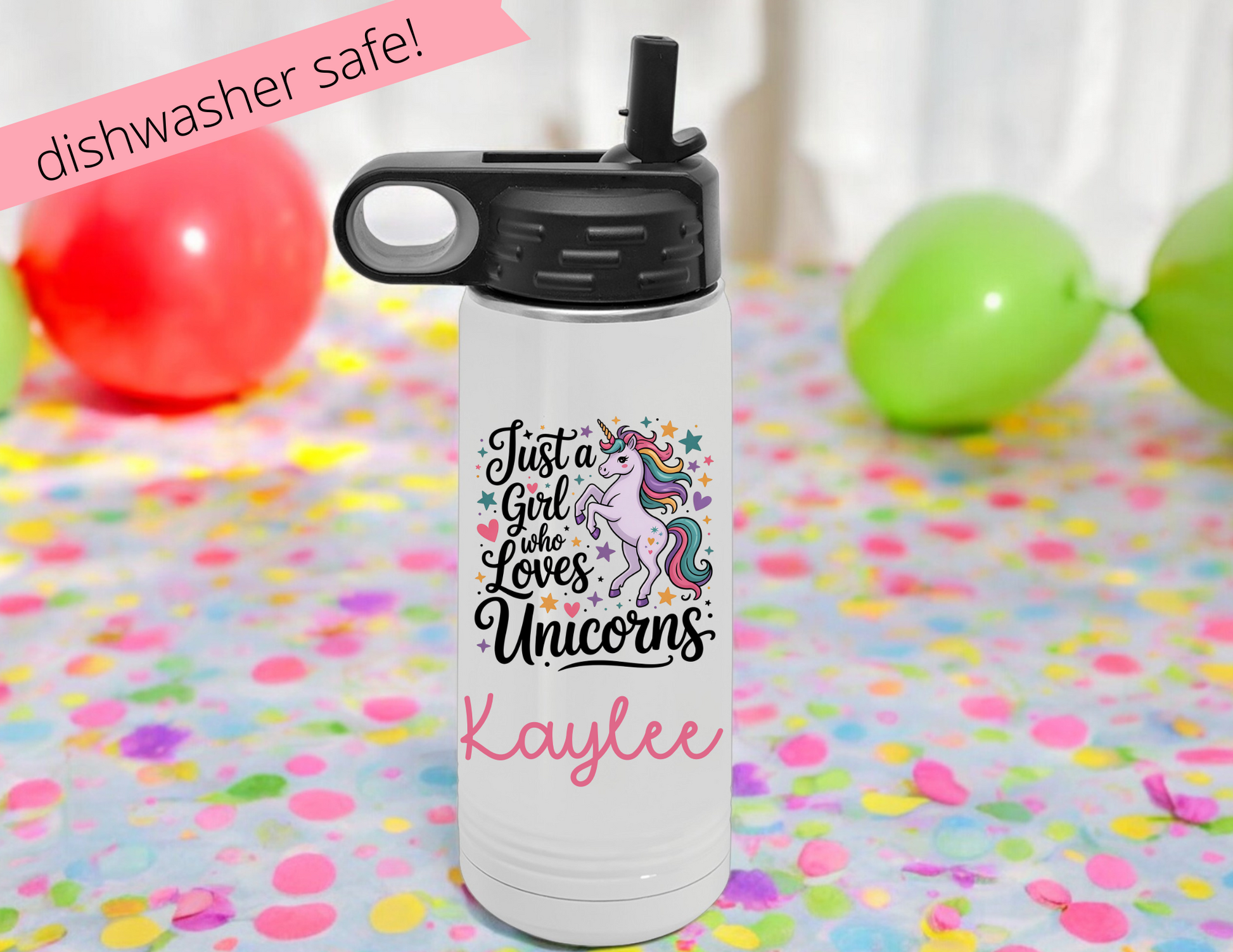 White water bottle with unicorn design and text on a colorful confetti background